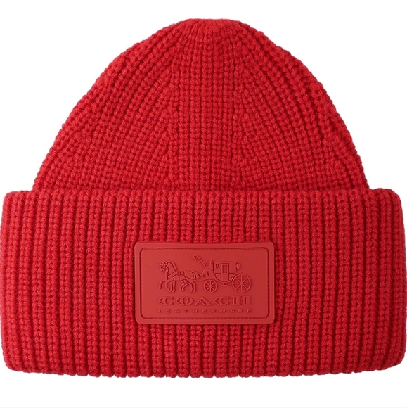 Coach Wool Women's Red Classic Ribbed Patch Cuff Winter Beanie hat - Picture 1 of 11